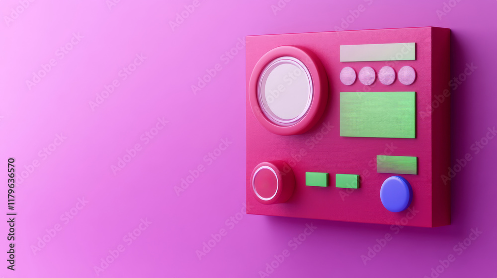 A vibrant pink electronic device with colorful buttons and a circular display, set against a matching pink background, evoking a playful retro aesthetic. A vibrant pink electronic device with colorful buttons and a circular display, set against a matching pink background, evoking a playful retro aesthetic.