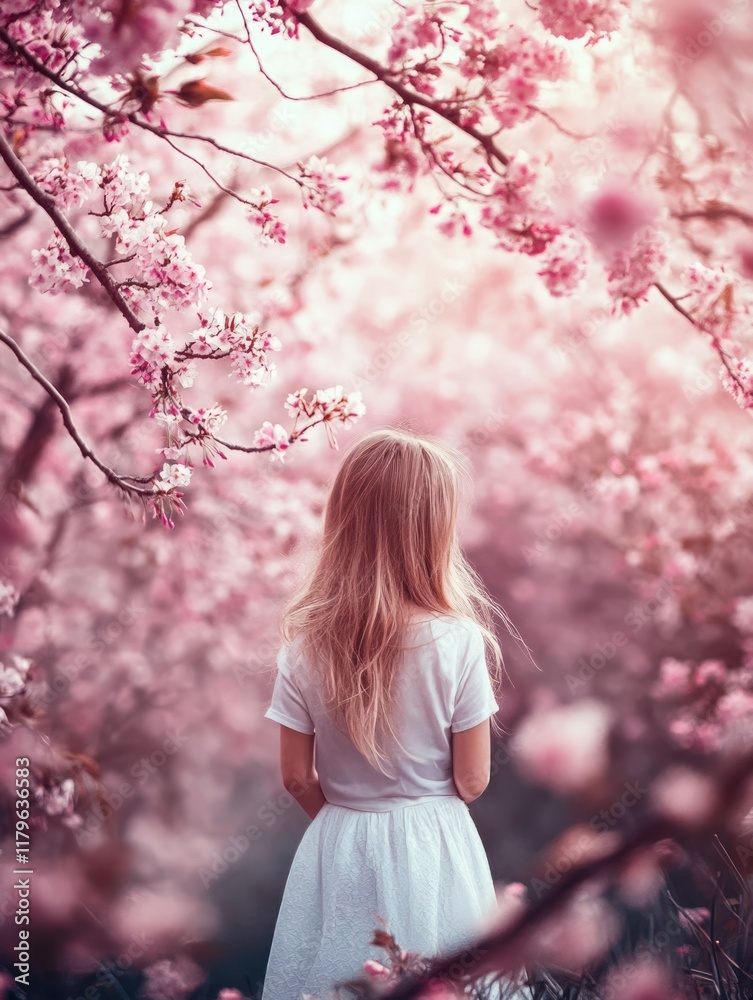 Young girl in white dress standing amidst vibrant pink cherry blossoms in a serene spring garden with soft focus empty space for text Young girl in white dress standing amidst vibrant pink cherry blossoms in a serene spring garden with soft focus empty space for text