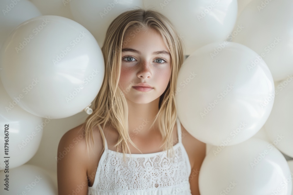 Naklejka premium young girl in white summer dress surrounded by white balloons with soft natural light and empty copyspace for advertising or text