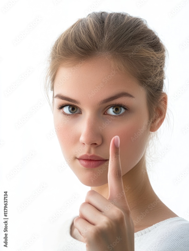 Portrait of a young woman with brown hair and light skin showing finger raised to mouth against bright white background for text space Portrait of a young woman with brown hair and light skin showing finger raised to mouth against bright white background for text space