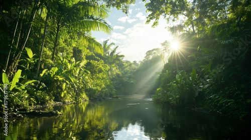 Lush Tropical Rainforest with Towering Trees and Sunlit Waterway