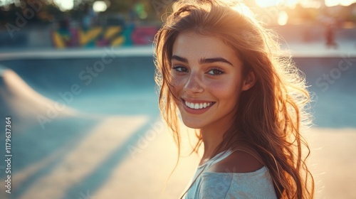 Smiling young woman with long brown hair enjoying sunset at urban skate park with empty space for text, warm tones and bright ambience. photo