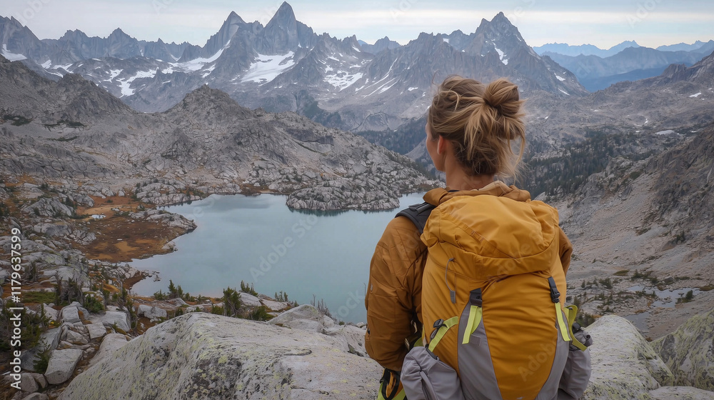 Naklejka premium A waist-up shot of a woman wearing a compact, ultralight hiking backpack with neon zippers and reflective strips. Her windbreaker flutters in the breeze as she stands on a jagged r