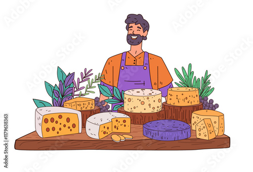 Cheese vendor with assorted cheeses and herbs. Smiling man in apron behind cheese selection with leafy greens and grapes on wooden board. Market theme