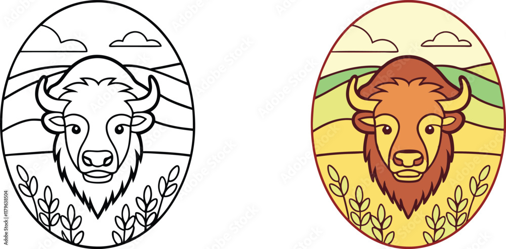 Bison Head Illustration Coloring Page, Nature Scene, Farm Animal Bison Head Illustration Coloring Page, Nature Scene, Farm Animal