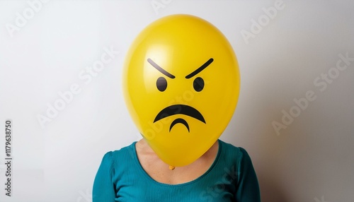 Anonymous woman with angry yellow balloon instead of head. Portrait isolated on white background. photo