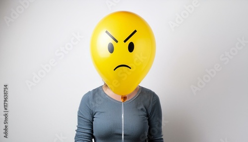 Anonymous woman with angry yellow balloon instead of head. Portrait isolated on white background. photo