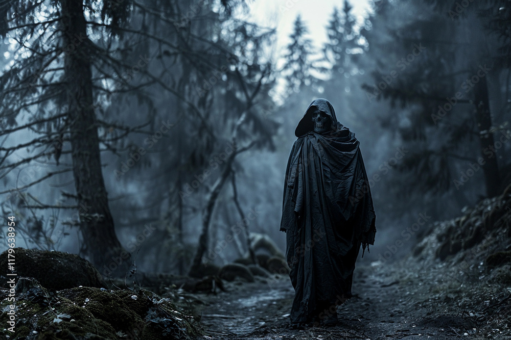 Scary grim reaper with sharp scythe in hell with dark dramatic color, abstract vivid composition consists of fictional unreal fantastic vision on background Scary grim reaper with sharp scythe in hell with dark dramatic color, abstract vivid composition consists of fictional unreal fantastic vision on background