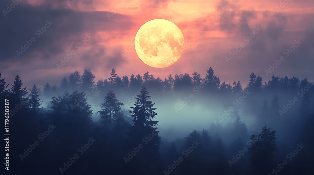 A serene forest scene illuminated by a large moon against a colorful sky. A serene forest scene illuminated by a large moon against a colorful sky.