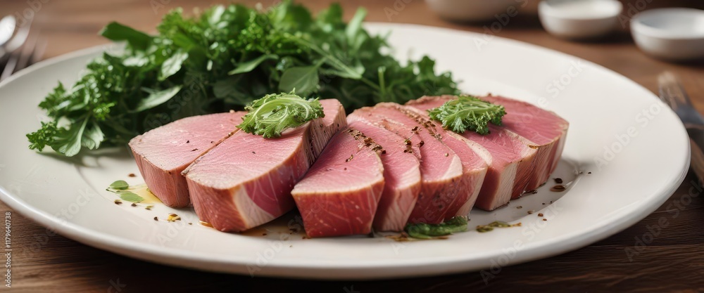 Fresh tuna steak served on a plate with garnished greens , plate, food, appetizer Fresh tuna steak served on a plate with garnished greens , plate, food, appetizer