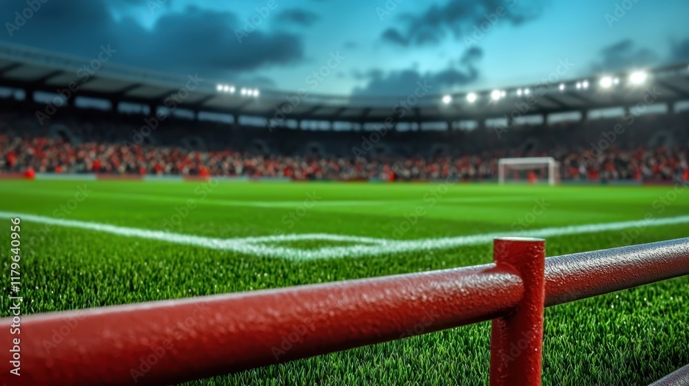 A vibrant view of a football stadium with lush green grass, a red railing, and a lively crowd under dramatic skies. A vibrant view of a football stadium with lush green grass, a red railing, and a lively crowd under dramatic skies.