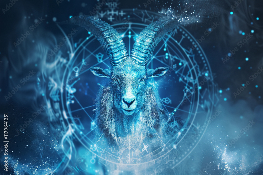 Fototapeta premium Astrological abstract composition with concept of Capricorn zodiac sign symbol, abstract vivid composition consists of fictional unreal fantastic vision on background