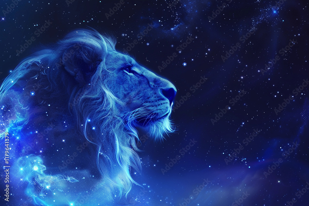 Naklejka premium Astrological abstract composition with concept of Leo zodiac sign symbol, abstract vivid composition consists of fictional unreal fantastic vision on background