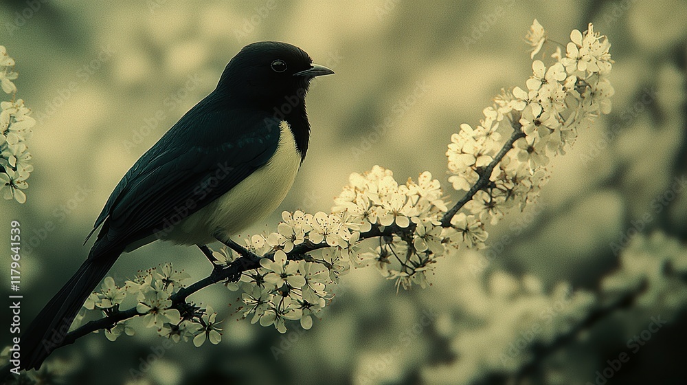 A bird sitting on a flowering branch, on a white background. Image in black and white. A bird sitting on a flowering branch, on a white background. Image in black and white.
