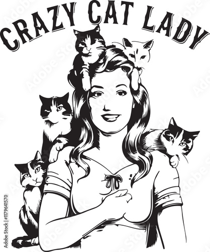 Crazy cat lady T-shirt design, Crazy cat lady sitting in chair with many cats surrounding her