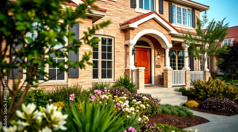 Obraz premium A brick house with a terracotta-tiled roof and a landscaped front yard. The house features a prominent entryway with a red door and white columns. The landscaping includes flowering plants and shrubs