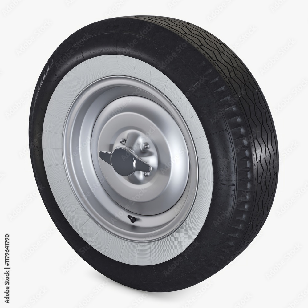 Fototapeta premium Illustration 3D of a vintage 1950s retro car wheel, designed for automotive enthusiasts and showcasing a classic, timeless look