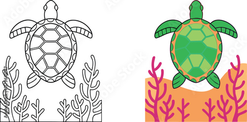 Sea Turtle Coloring Page Ocean Animal, Coral Reef, Underwater