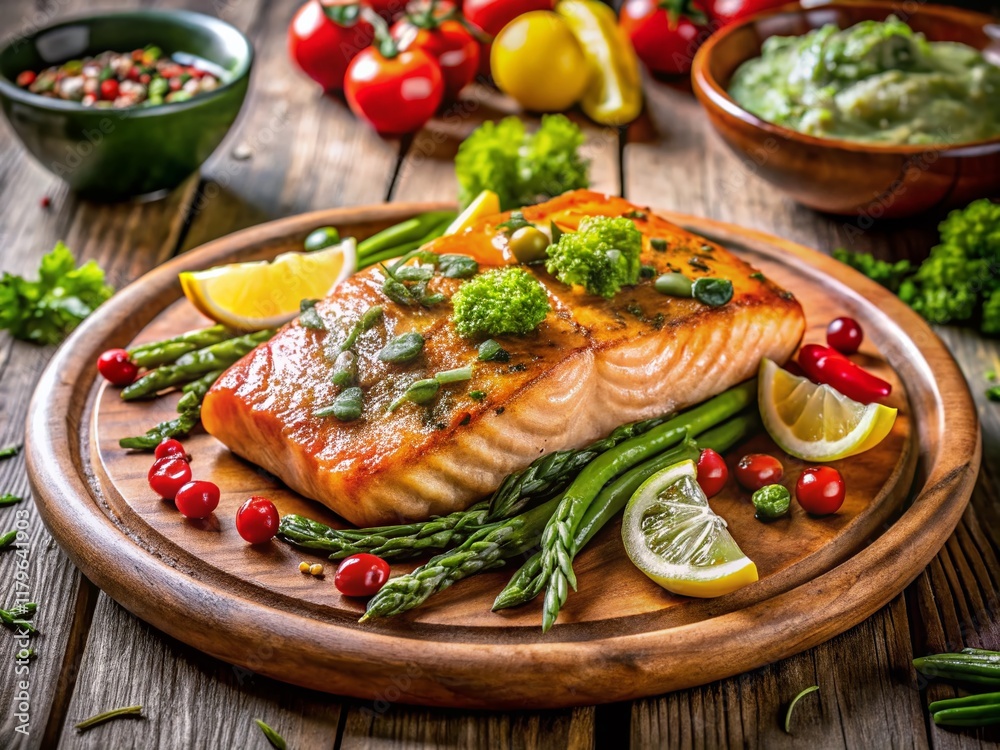Grilled Salmon with Lemon, Herbs, and Roasted Vegetables - Delicious Food Photography Grilled Salmon with Lemon, Herbs, and Roasted Vegetables - Delicious Food Photography