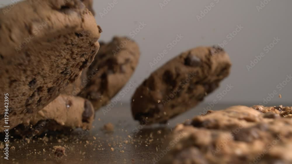 Slow-motion Chocolate Chip Cookie Dropping and Crumbs Scattering at 800 fps Slow-motion Chocolate Chip Cookie Dropping and Crumbs Scattering at 800 fps