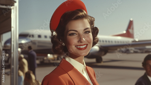 A stewardess viewed waist-up, her radiant smile framed by a vibrant red hat with a matching tailored jacket. She stands confidently in front of the boarding gate, with bustling pas photo