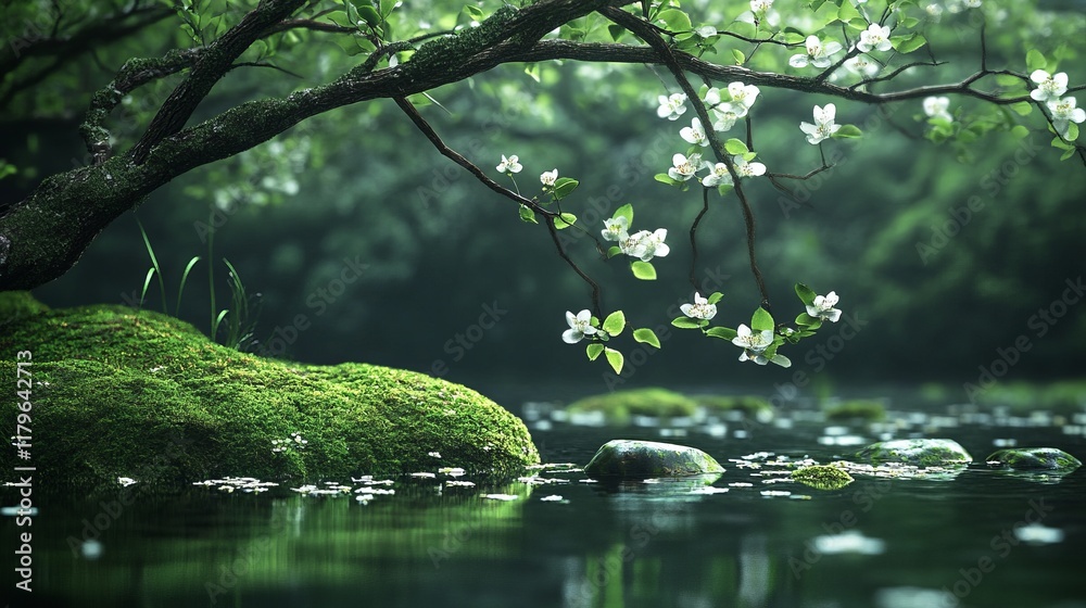 Serene Forest Stream with Blossoming Flowers - A Peaceful Nature Scene Serene Forest Stream with Blossoming Flowers - A Peaceful Nature Scene