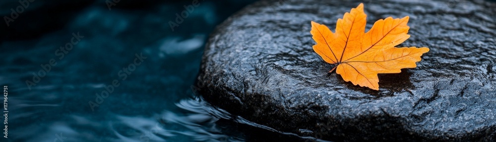Autumn's Gentle Descent: A single, vibrant orange maple leaf rests delicately on a dark, smooth stone, partially submerged in a tranquil stream. The image evokes a sense of serene autumnal beauty. Autumn's Gentle Descent: A single, vibrant orange maple leaf rests delicately on a dark, smooth stone, partially submerged in a tranquil stream. The image evokes a sense of serene autumnal beauty.