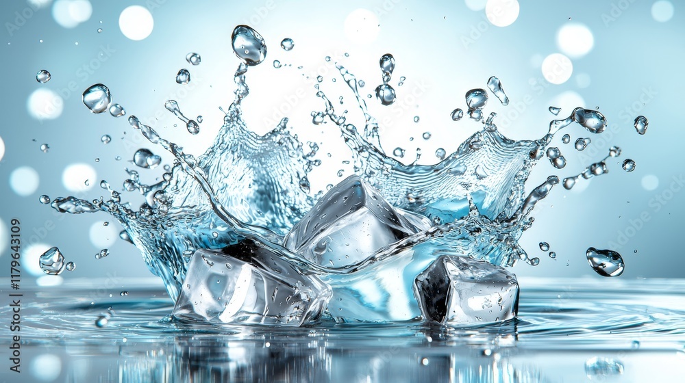 Refreshing Ice Cubes Splashing in Crystal Clear Water Cool Summer Drink Concept Refreshing Ice Cubes Splashing in Crystal Clear Water Cool Summer Drink Concept