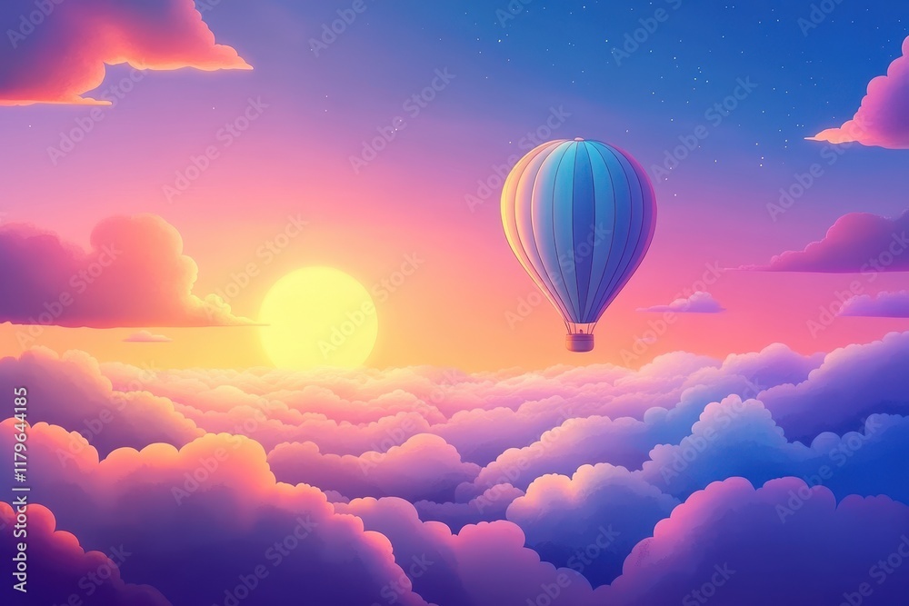 Fototapeta premium Hot Air Balloon at Sunset: Dreamy Sky, Colorful Clouds Aerial Adventure