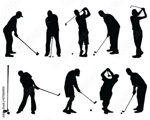 Black silhouettes of golf players on a white background