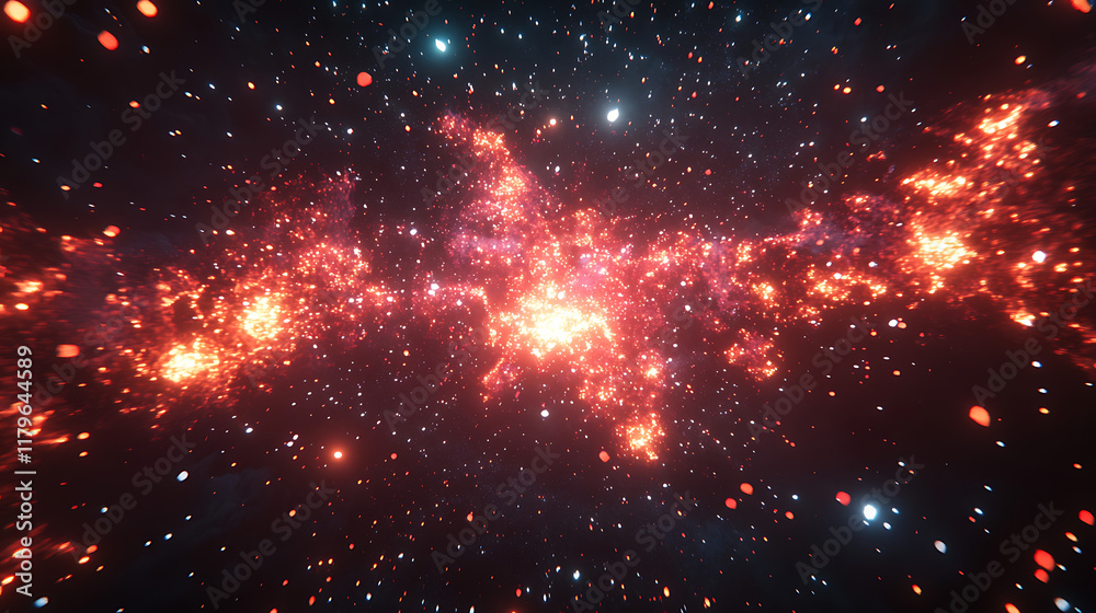 A vibrant cosmic scene depicting a nebula filled with stars and glowing gases.