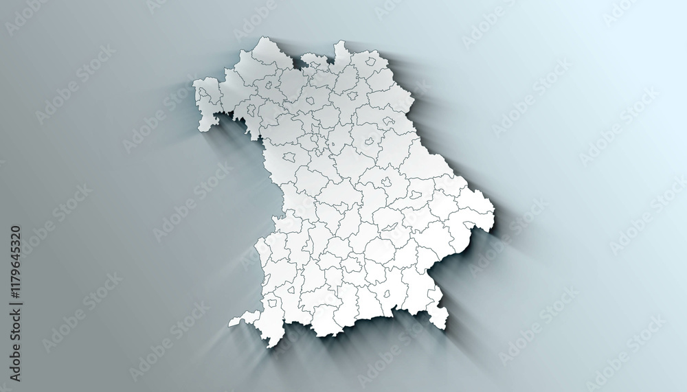 Minimalist 3D Map of Bavaria Germany Administrative with District Borders