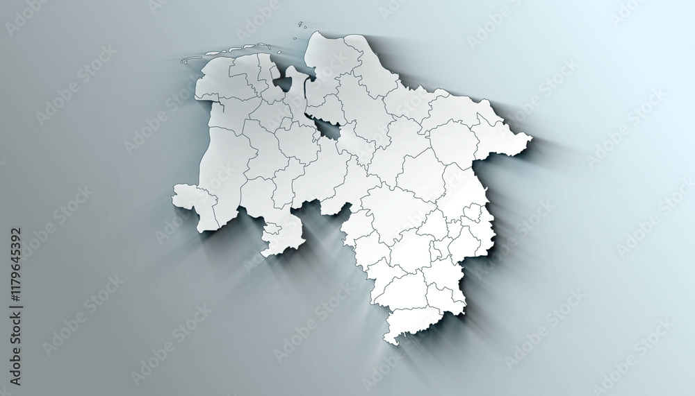 Minimalist 3D Map of Lower Saxony Germany Administrative with District Borders