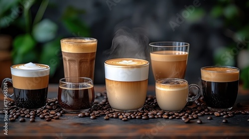 Assortment of hot coffee drinks.