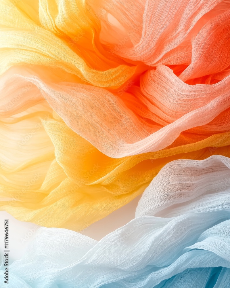 Fototapeta premium Elegant Draped Pastel Fabric Soft Blue Orange Yellow Silk Texture Background