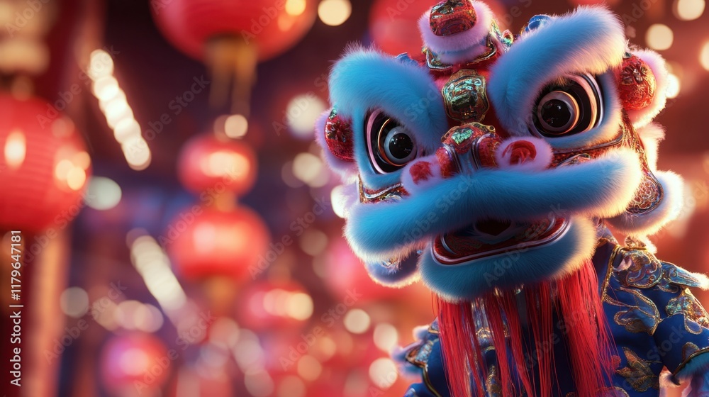 Fototapeta premium A vibrant lion dance costume with detailed embroidery stands against a festive background filled with red lanterns, embodying the joy of Chinese New Year.