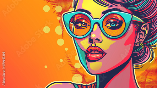 Stylish woman with oversized glasses posing against vibrant background photo