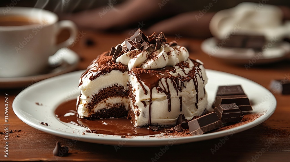 A decadent slice of tiramisu cake, drizzled with rich chocolate, a delightful treat for any occasion. A decadent slice of tiramisu cake, drizzled with rich chocolate, a delightful treat for any occasion.