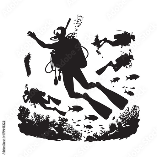 Scuba and snorkeling vector silhouettes Diving, diver silhouettes, Scuba diver with underwater equipment vector