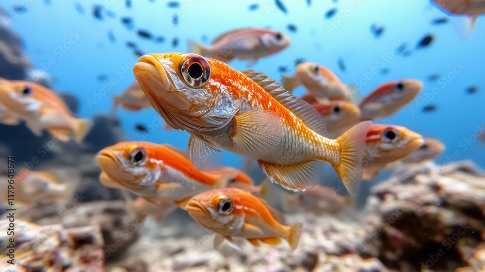 Naklejka premium Colorful fish swimming in vibrant underwater scene, showcasing school of orange and silver fish among coral reefs. lively aquatic environment is captivating and full of life