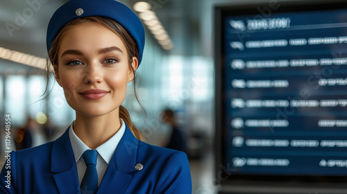 A stewardess in a vibrant blue uniform featuring minimalist silver accessories. She stands confidently by a digital information board in an expansive terminal, the vast space fille photo