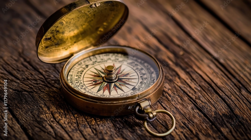 Antique Compass on Wooden Surface: A Symbol of Exploration and Direction Antique Compass on Wooden Surface: A Symbol of Exploration and Direction