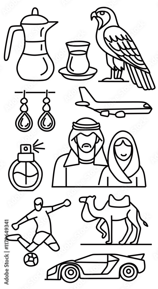 Obraz premium Set of Qatar travel country vector icon. elements of the country of Qatar consisting of Qatari citizens, Arabic coffee and tea, eagles, planes, camels, supercars, perfume and Qatari football players