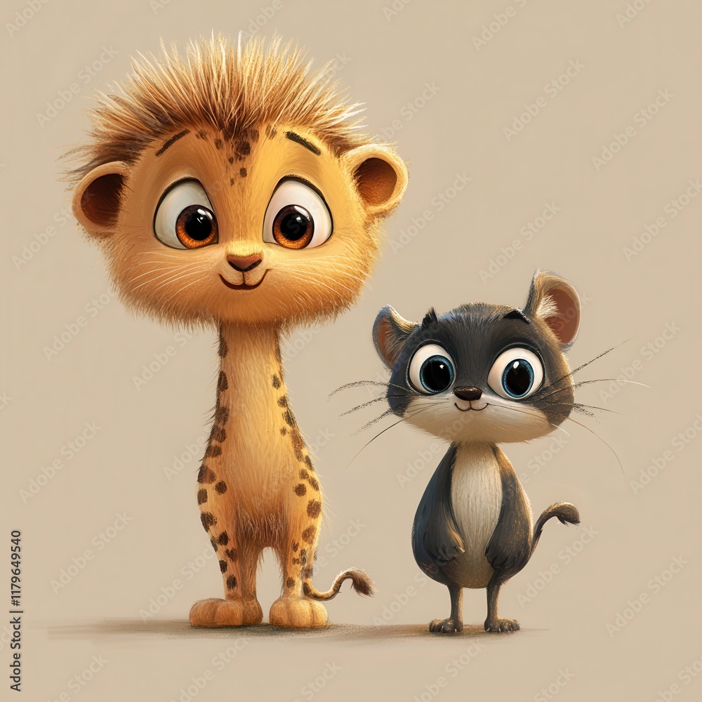 Fototapeta premium Adorable Cartoon Lion Cub and Mouse Friends Together