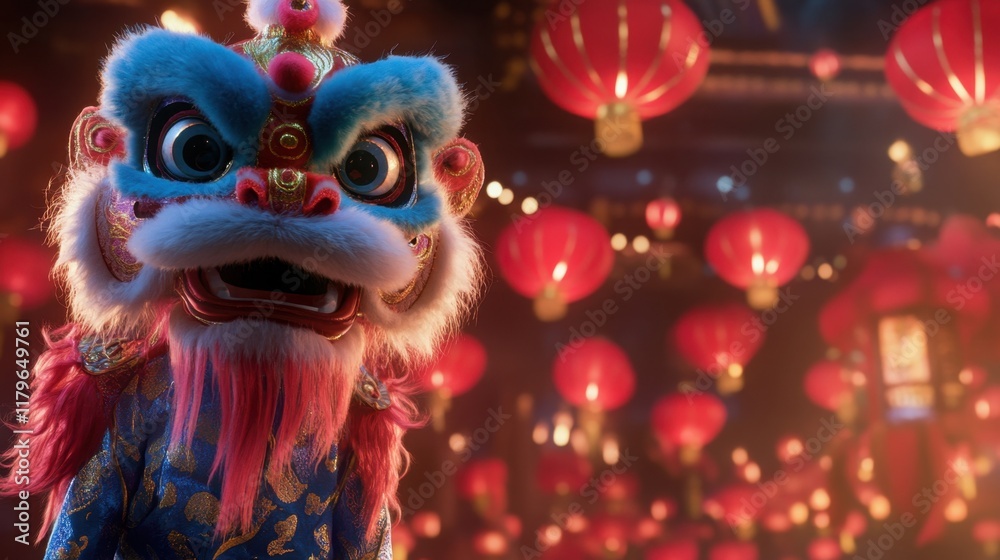 Fototapeta premium A vibrant lion dance costume with intricate designs is showcased in front of red lanterns, capturing the excitement and culture of Chinese New Year festivities.