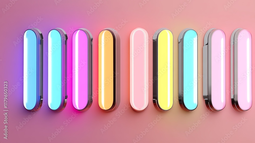 Fototapeta premium 3D render of colorful clipin extensions, arranged in a rainbow fan shape, glowing with radiant lighting