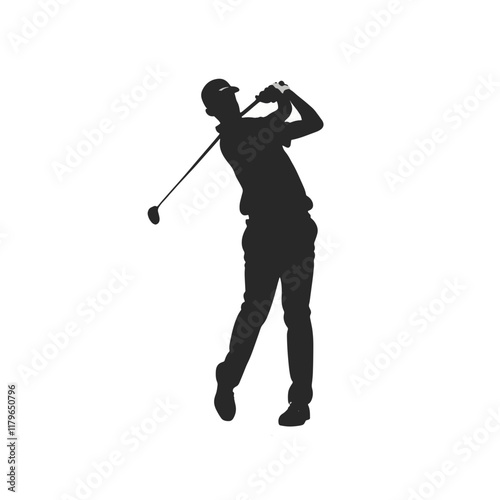 Silhouette of a Golf player taking a powerful swing on the course with a Driver Club