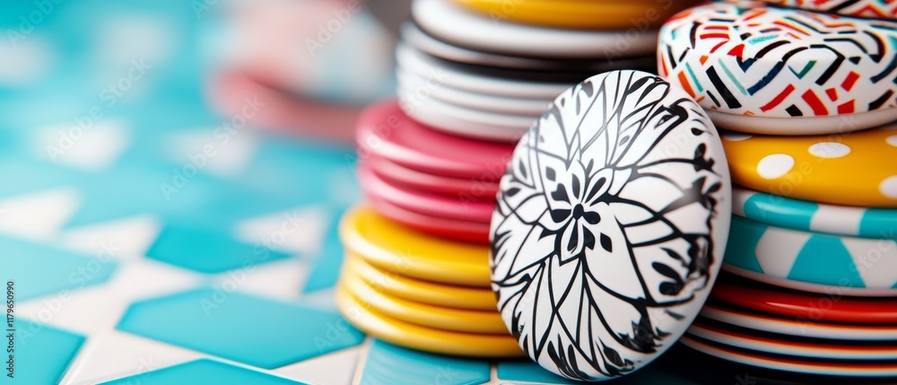 Obraz premium Colorful Stacked Decorative Buttons with Geometric and Floral Designs on Turquoise Background