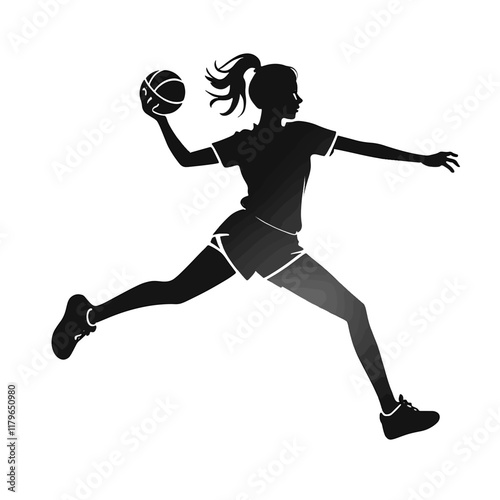 Female Handball player executing a powerful throw black and white Vector