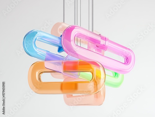 3D visualization of rainbow clipin extensions, arranged in a spectrum pattern, suspended midair with glowing accents photo